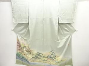 未使用品　作家物　手描き友禅庭園に鴛鴦・草花模様一ツ紋色留袖